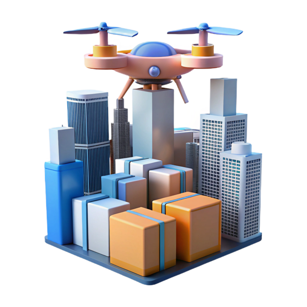 stunning whimsical geometric A drone delivering a package in a futuristic city, skyscrapers looming in the background, lit by warm afternoon sunlight refined png