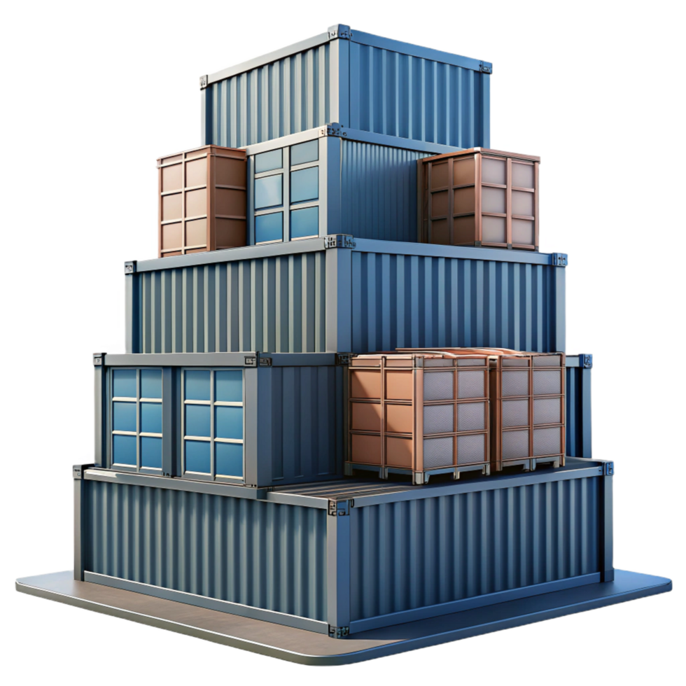 quintessential creative A skyscraper made of stacked shipping containers, industrial aesthetic, urban setting, overcast lighting artisan png