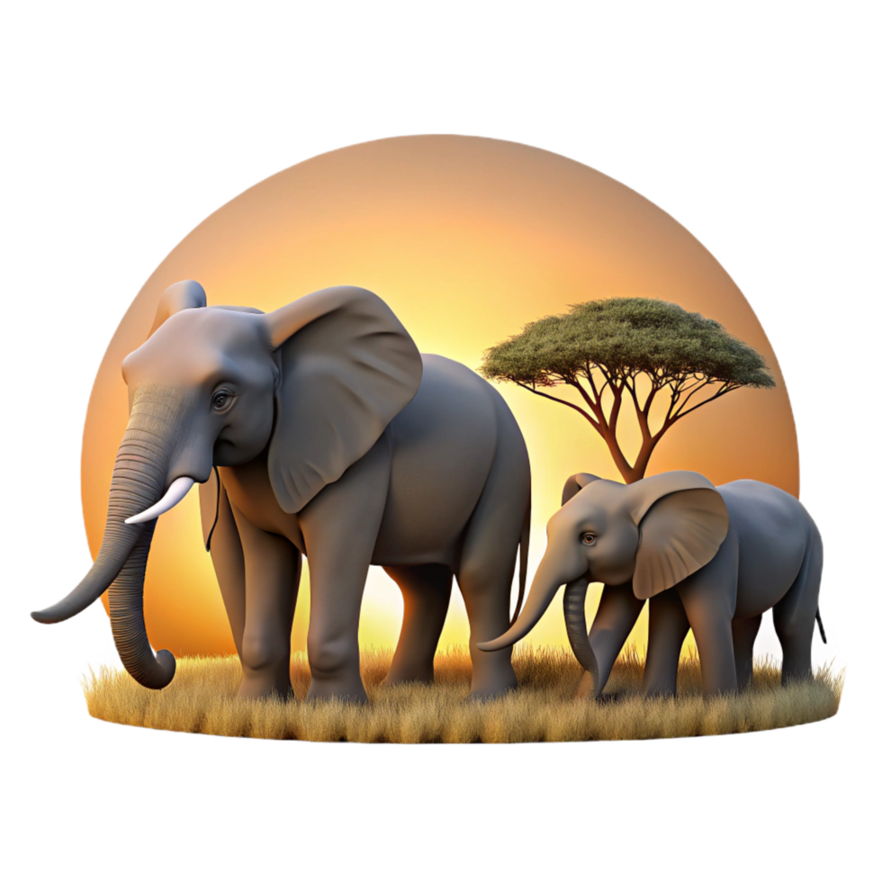 alluring harmonious art deco A family of elephants walking across the savanna, sunset lighting, silhouette style detailed png