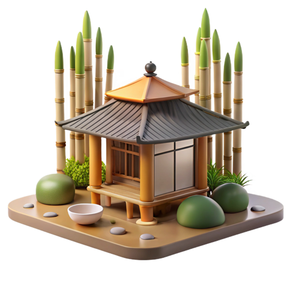 whimsical pristine A minimalist Japanese teahouse, bamboo and wood construction, soft natural light, serene atmosphere, zen garden in the foreground, traditional Japanese landscaping elite png