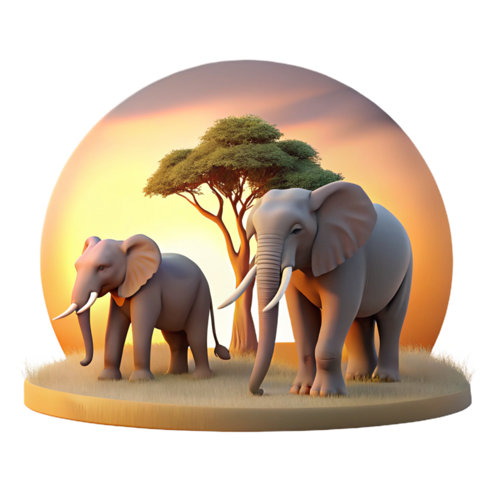 joyful dramatic A family of elephants walking through the savanna at sunset, the warm light casting long shadows, in a peaceful, picturesque style authentic png