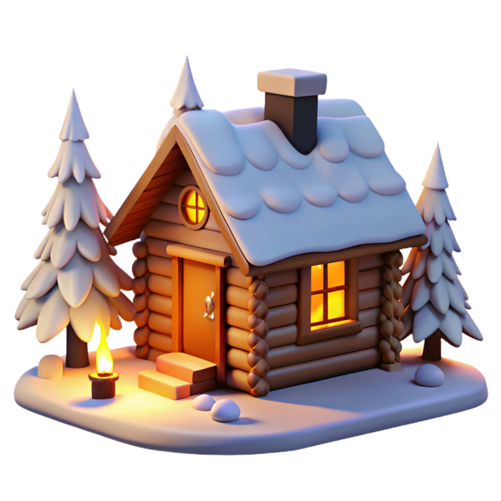 unforgettable impressionist A log cabin in a snowy forest, warm firelight glowing through windows, cozy atmosphere, rustic, winter scene, museum quality png