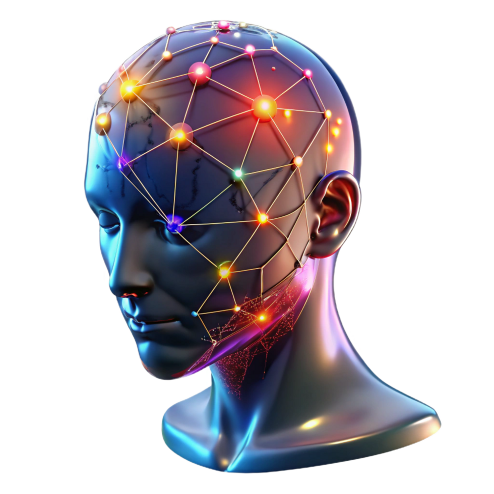 gorgeous retro A transparent human head with visible neural networks firing, vibrant colors, dark lighting, scientific style high resolution png