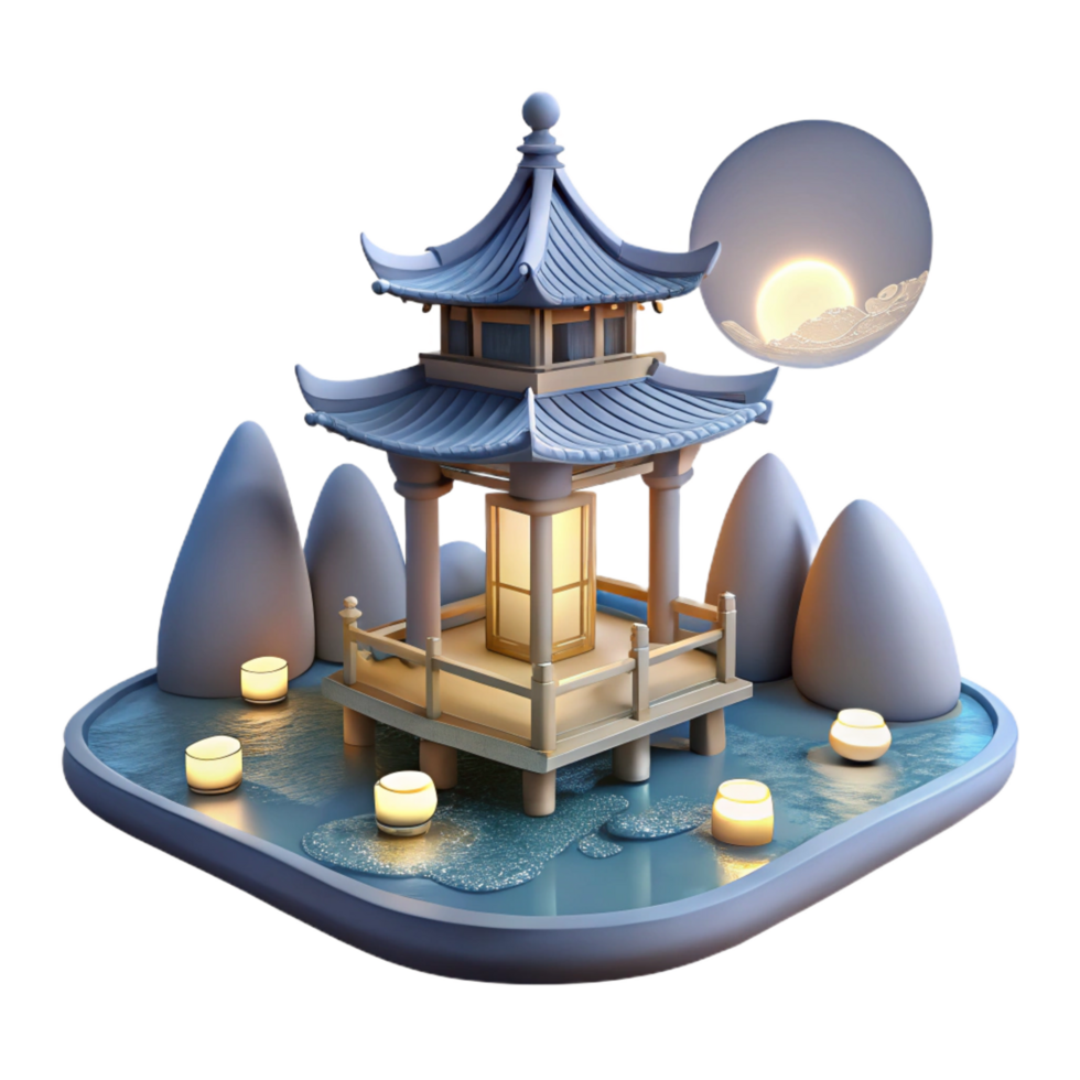 passionate hypnotic A floating pagoda in a serene lake, soft moonlight, traditional East Asian painting style exclusive png