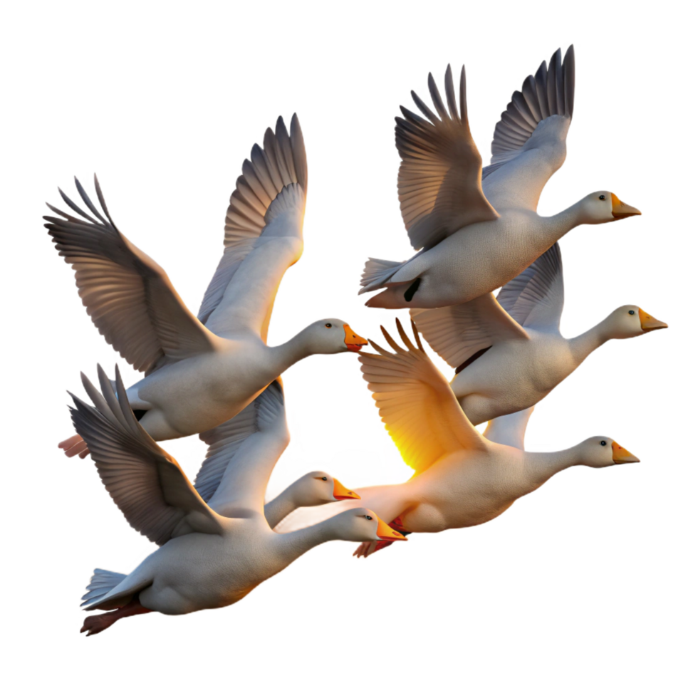 dramatic acclaimed A flock of migrating geese flying in V formation, sunset sky, nature photography png
