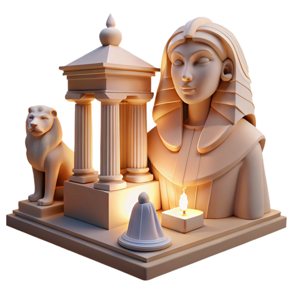 striking memorable A mysterious sphinx with the head of a woman and the body of a lion, guarding an ancient temple, dramatic lighting png