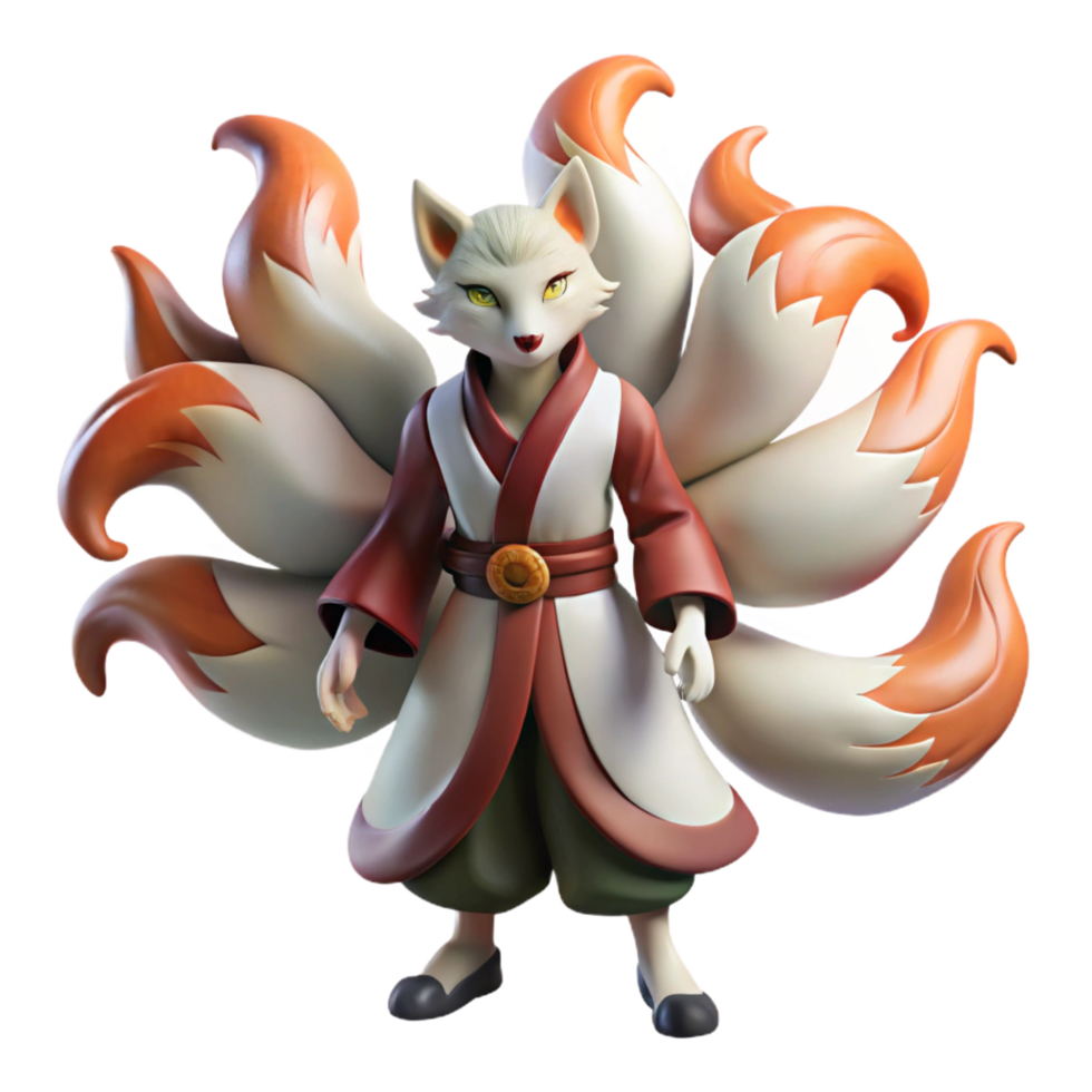 striking peaceful geometric A kitsune transforming from a fox to a human, nine tails flowing, Japanese folklore style, mystical, moonlight, authentic png