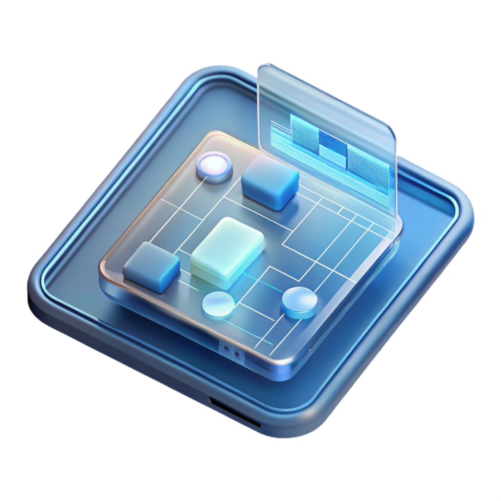 majestic renaissance A transparent tablet displaying a complex engineering blueprint, holographic interface, minimalist style, soft lighting luxury png