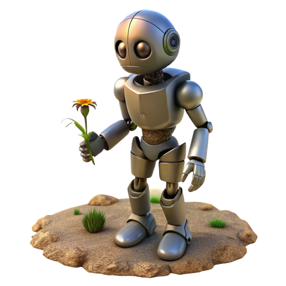 iconic geometric A robot holding a wilting flower, standing in a desolate landscape. Post apocalyptic style. Desaturated lighting professional png