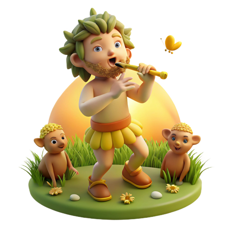 extraordinary unforgettable A mischievous Pan playing his pipes in a sun drenched meadow, surrounded by nymphs, Renaissance style, warm, golden lighting png