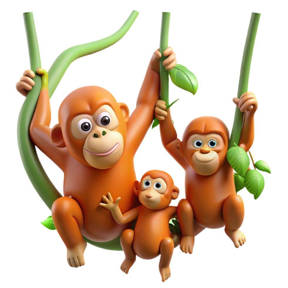 magnificent creative A family of orangutans swinging through the trees, lush jungle setting, playful and energetic style top tier png