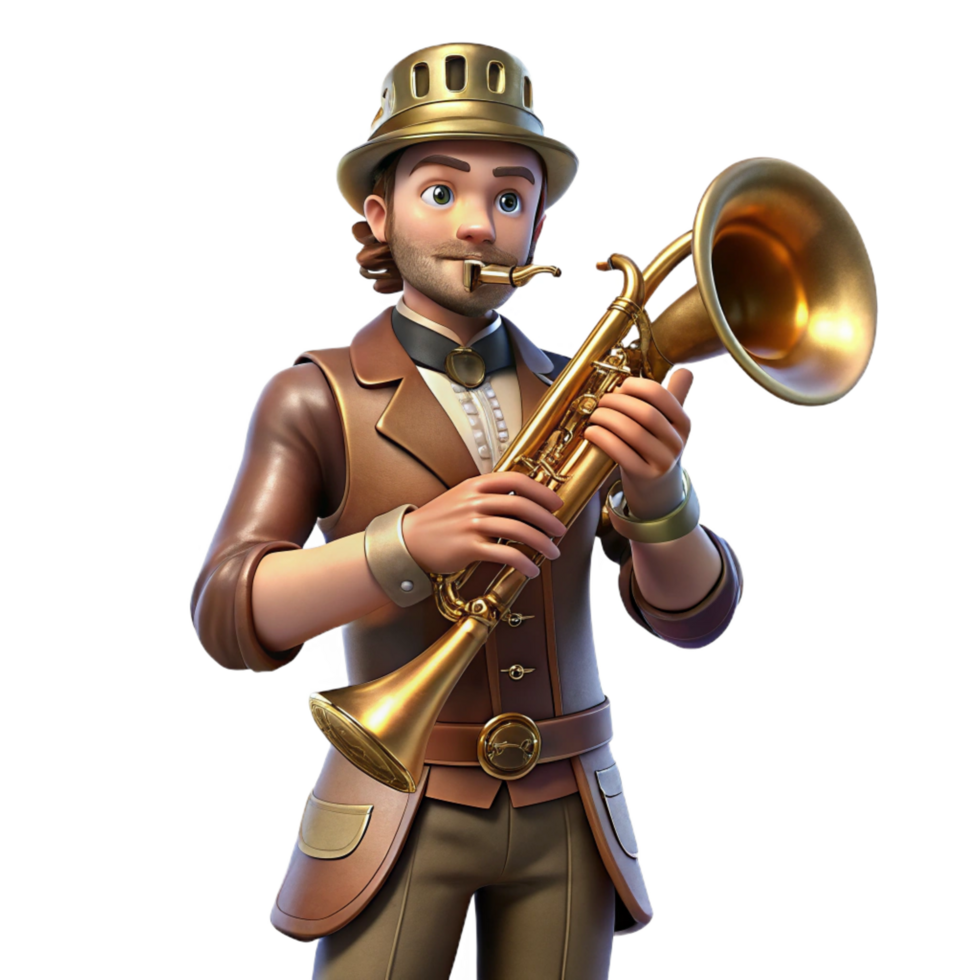 hypnotic iconic A steampunk musician playing a brass and woodwind instrument, spotlight from a stage, cinematic lighting png