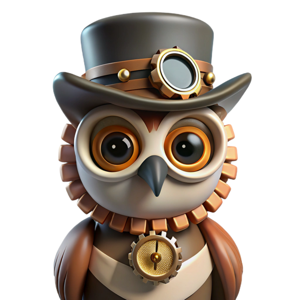 magnificent art deco A portrait of a steampunk owl, wearing goggles and a tiny top hat, perched on a gear. Soft, diffused lighting. Hyperrealistic style sharp png