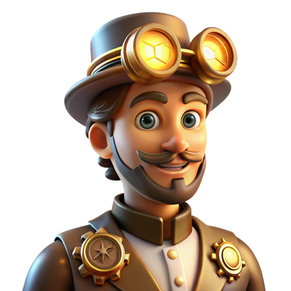 fascinating art deco Portrait of a steampunk inventor with goggles and gears adorning their clothing, lit by the warm glow of a steam powered lamp, steampunk art style exclusive png