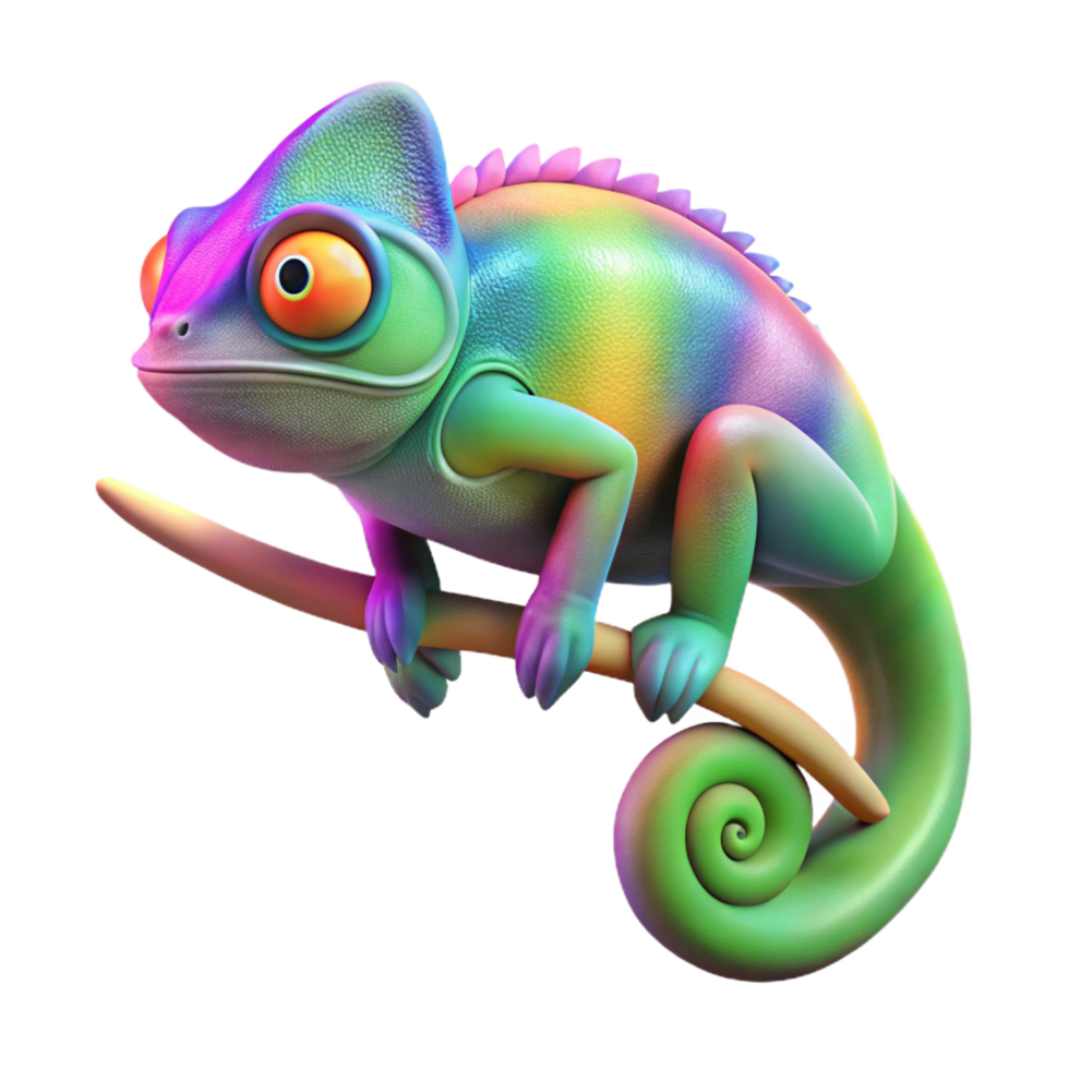 notable mid century A chameleon perched on a branch, mimicking the colors of a rainbow, vibrant and surreal, digital art style impeccable png