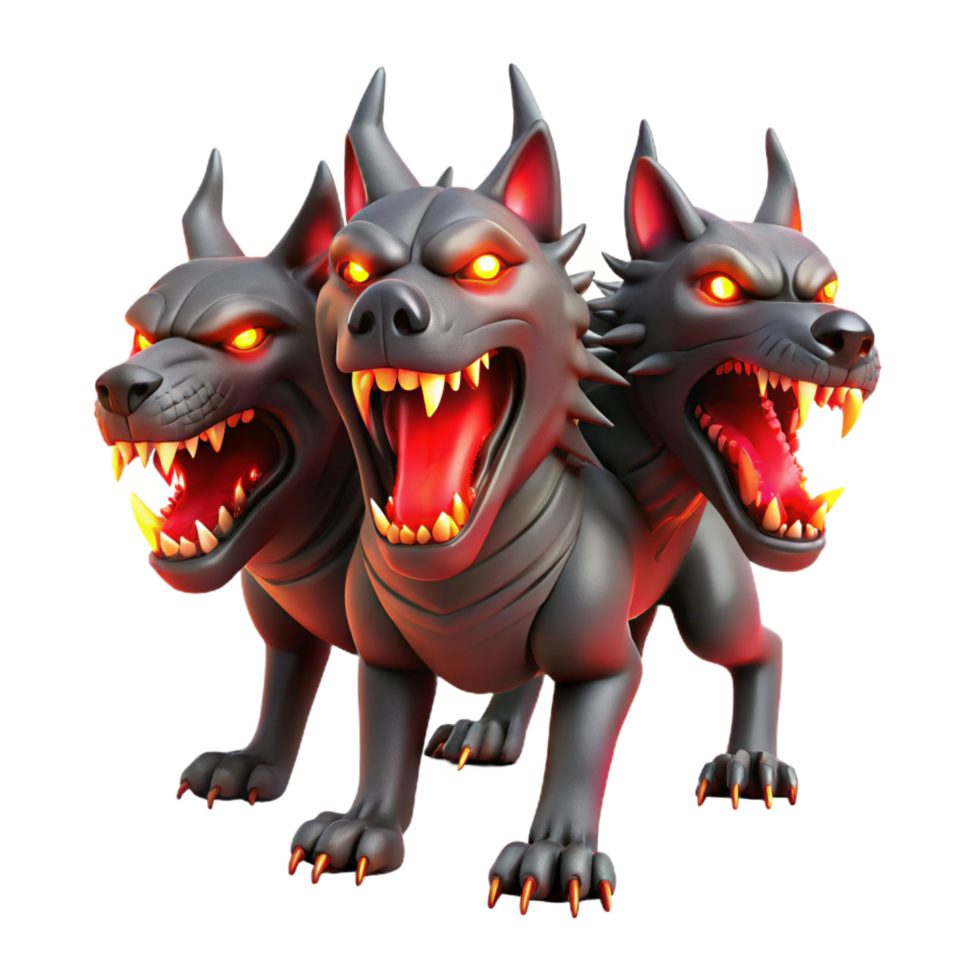 serene tropical A fearsome Cerberus guarding the gates of the underworld, its three heads snarling, bathed in the red glow of hellfire. Gothic style fine detail png