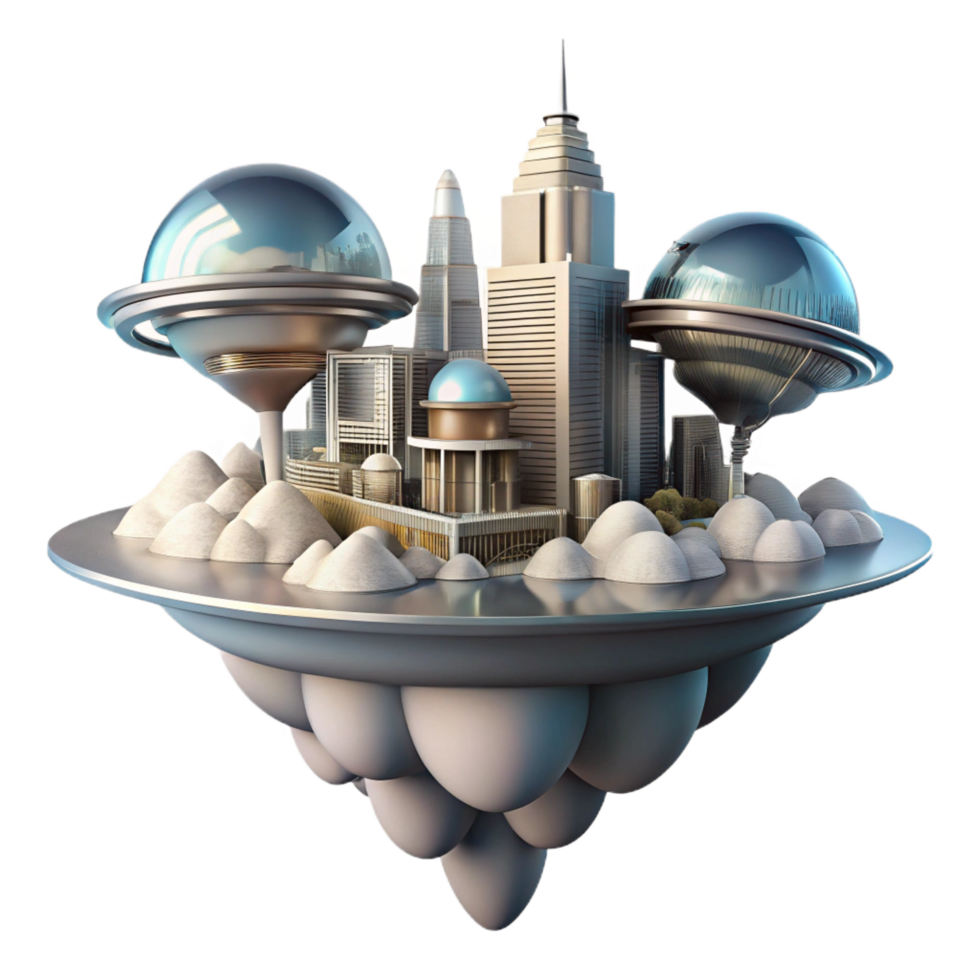 exemplary avant garde A floating city above a gas giant, metallic and glass structures, swirling clouds, science fiction atmosphere, futuristic style, expertly shot png