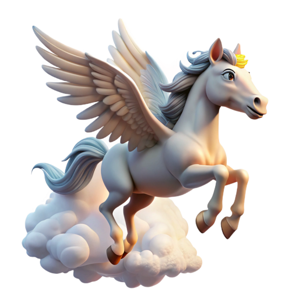 dramatic glorious A majestic pegasus flying through a cloudy sky, soft sunlight, dreamlike style high resolution png