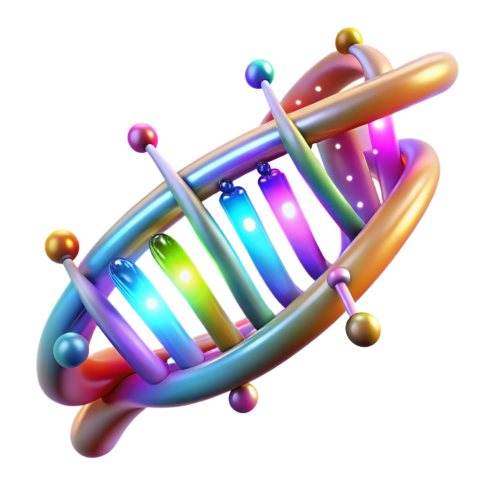 sought after impressionist A DNA double helix composed of glowing data streams, illuminated by a dynamic, multi colored light, bio tech style precision png