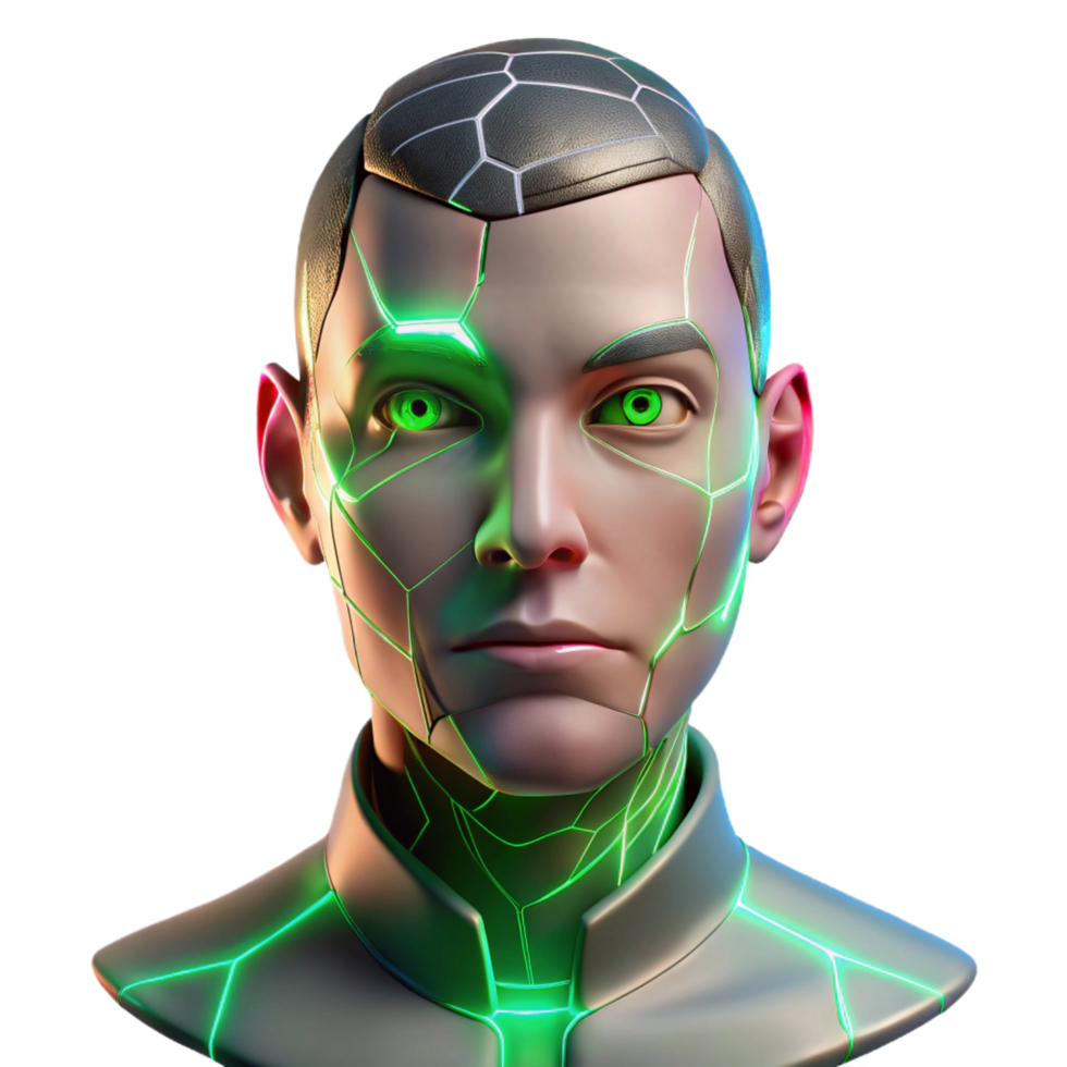 extraordinary gothic Portrait of a cyborg with glowing circuitry under cracked porcelain skin, half their face organic, half mechanical, illuminated by neon pink and green lights sharp png