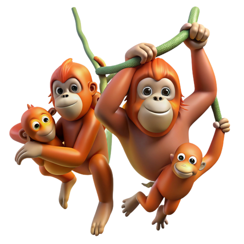 sumptuous traditional A family of orangutans swinging through the trees, jungle setting, dynamic and energetic detailed png