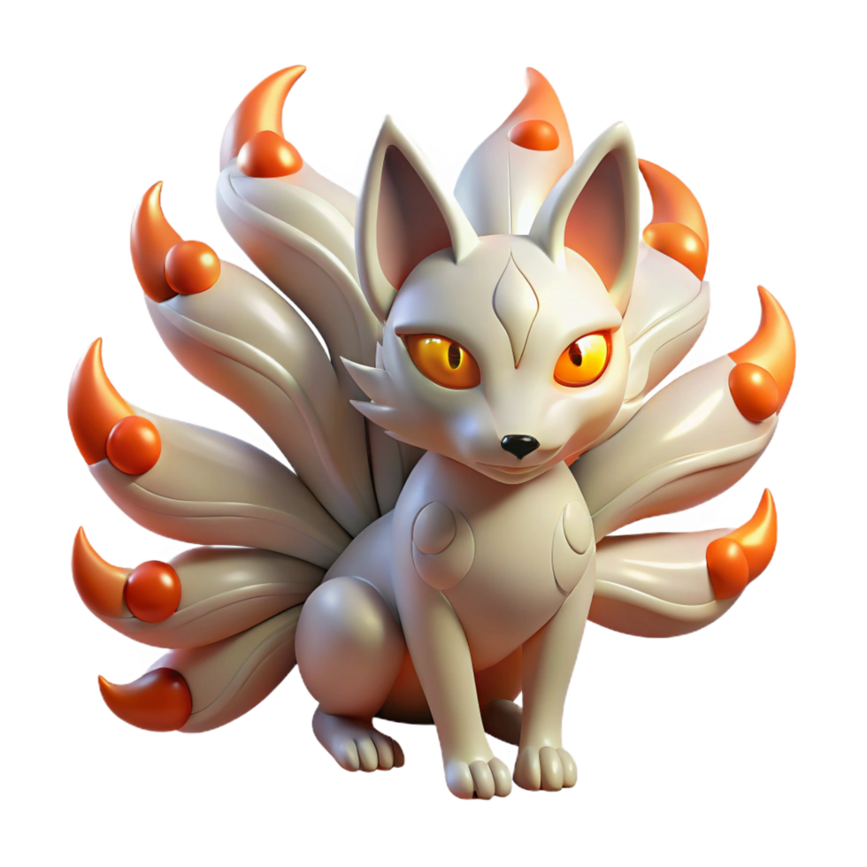 ethereal mesmerizing An enigmatic kitsune with nine tails, glowing eyes, Japanese art style expertly shot png