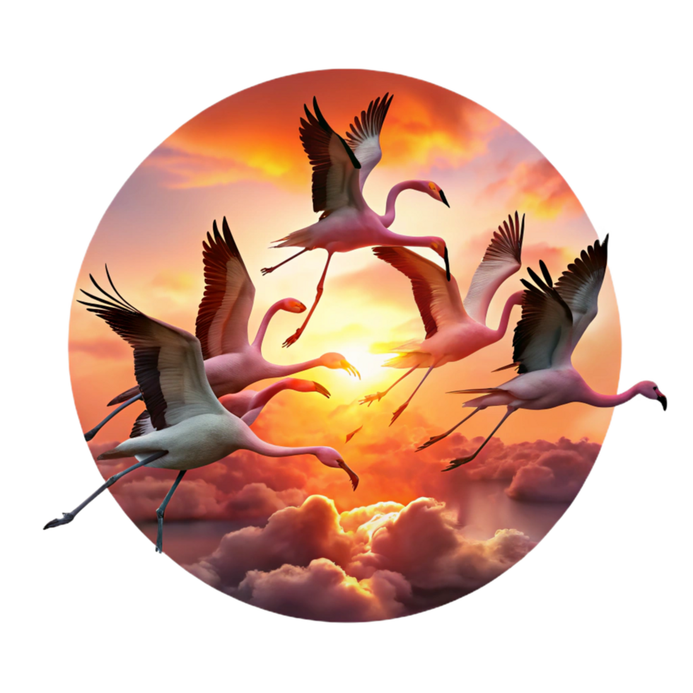 reflective immaculate A flock of flamingos taking flight against a fiery sunset, silhouetted against the vibrant sky, painted in the style of Claude Monet precision png