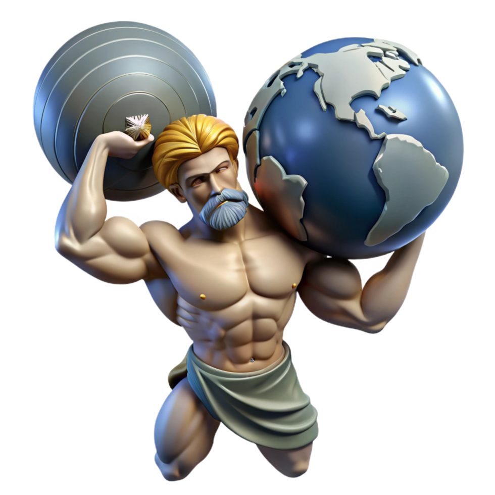 magnificent coveted A stoic Atlas bearing the weight of the world on his shoulders, muscles straining, dramatic lighting, Baroque style, png