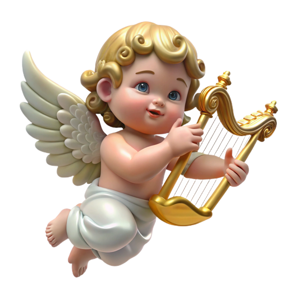 captivating playful modern A winged cherub playing a golden harp, soft celestial light, Renaissance painting style original png