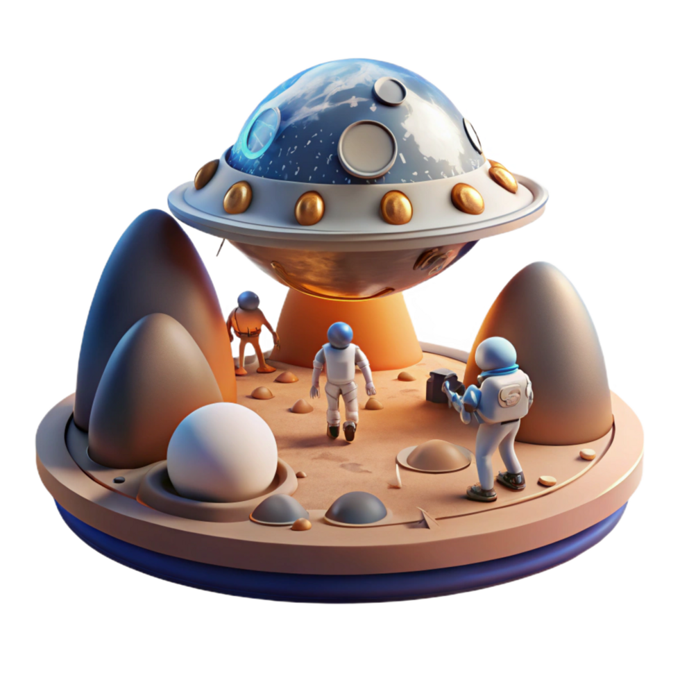 iconic baroque A spaceship landing on a newly discovered planet, explorers stepping out onto the alien surface. Bright, hopeful lighting. Exploration sci fi style impeccable png