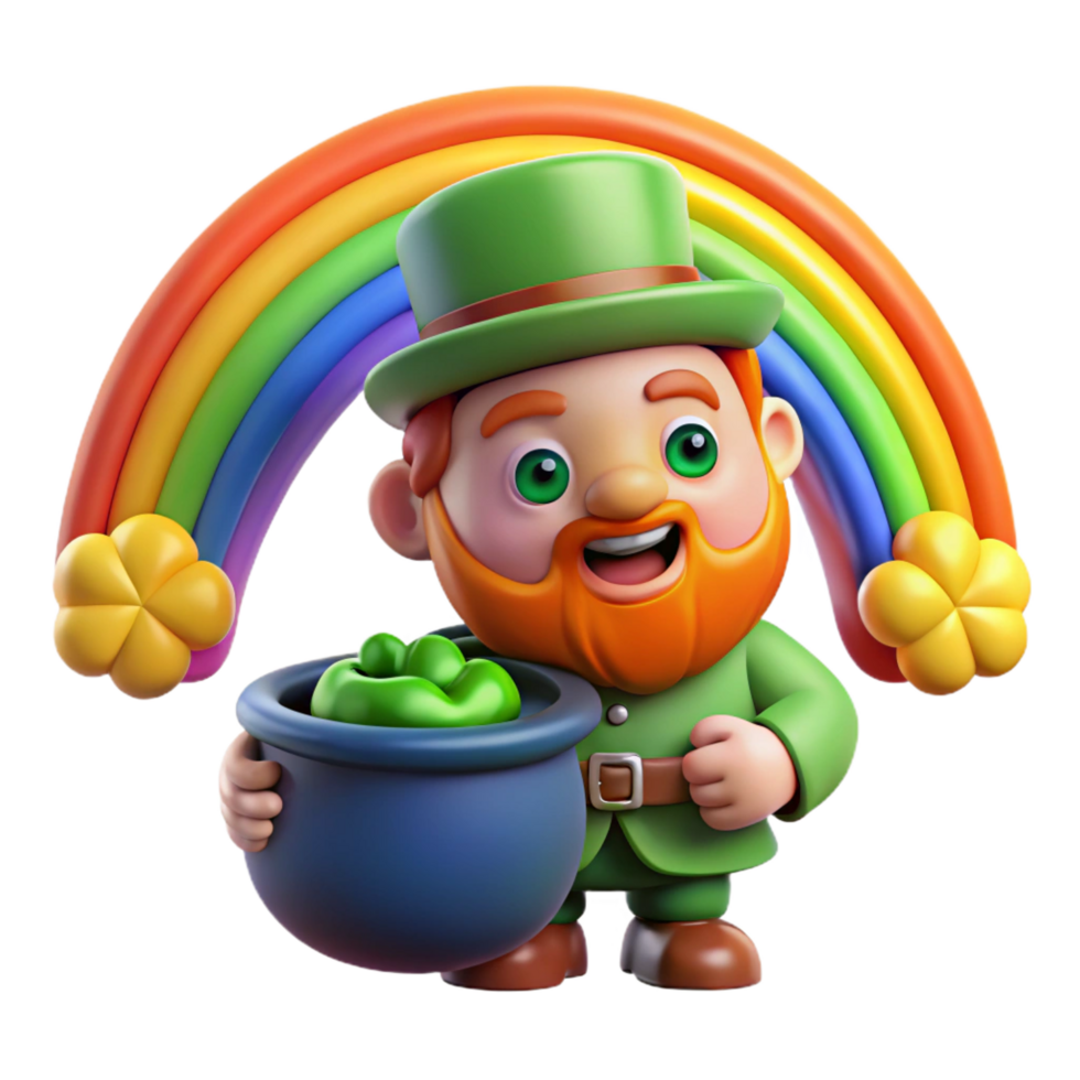 mysterious dramatic A mischievous leprechaun hiding a pot of gold at the end of a rainbow, vibrant colors, cartoon style studio quality png
