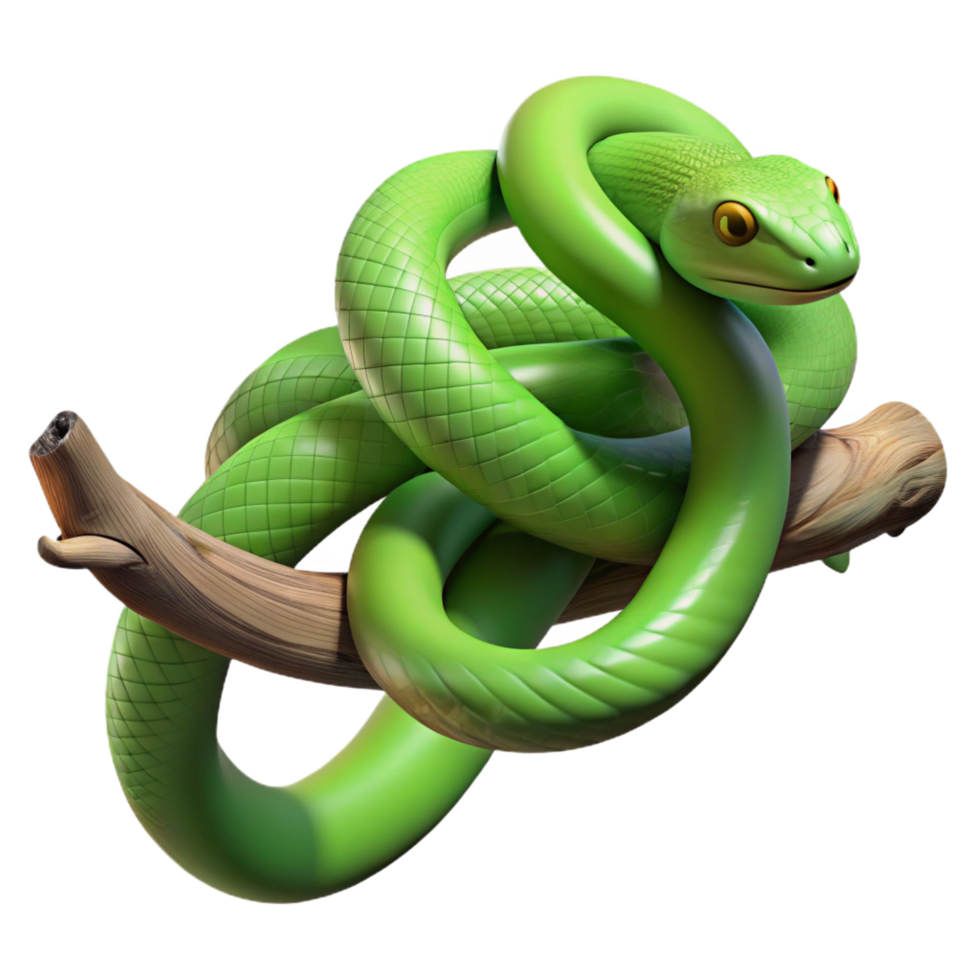 striking surreal A slithering green mamba coiled around a tree branch, dappled jungle light, hyperrealistic render professional png