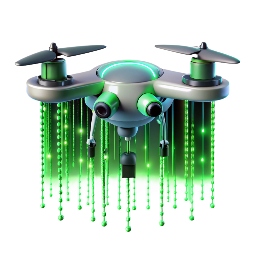 spectacular bohemian A solitary drone hovering against a backdrop of binary code raining down, lit by a cool, neon green light, cyberpunk style refined png