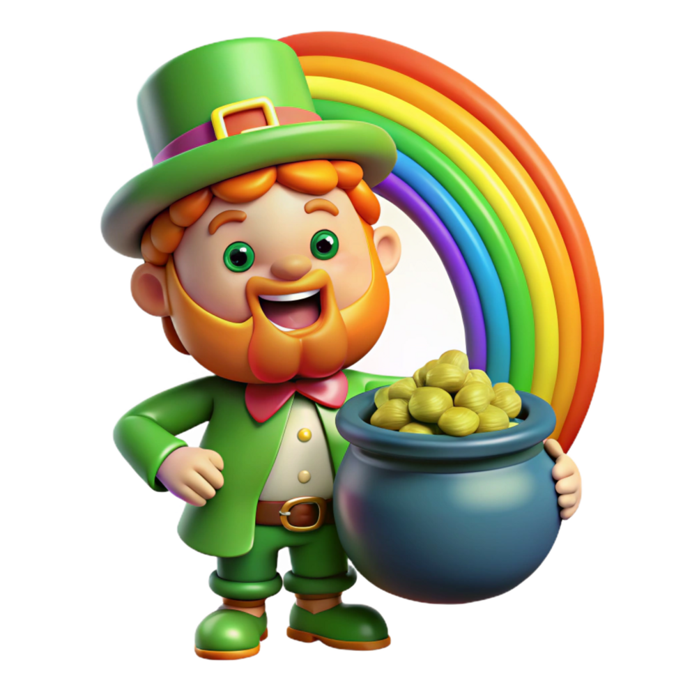 gorgeous unforgettable A mischievous Leprechaun hiding a pot of gold at the end of a rainbow, bright, cheerful lighting, cartoon style png