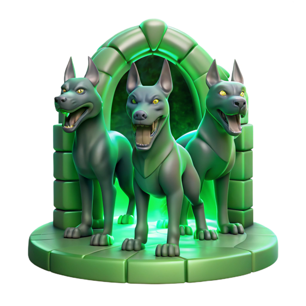 spectacular celebrated Cerberus, the three headed hound of Hades, guarding the gates of the underworld, bathed in an eerie green glow, digital painting style png