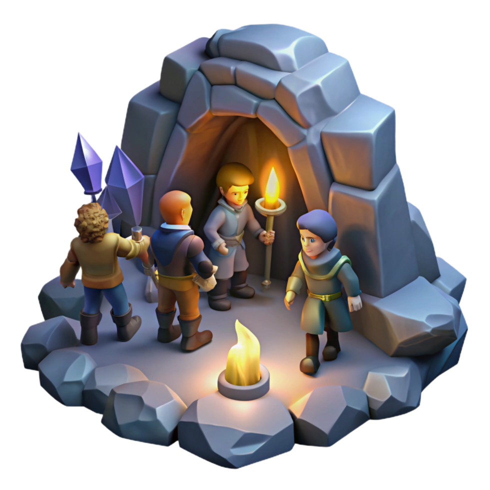 majestic retro A group of adventurers exploring a dark, underground cavern, torchlight, dungeon crawler style gallery standard png