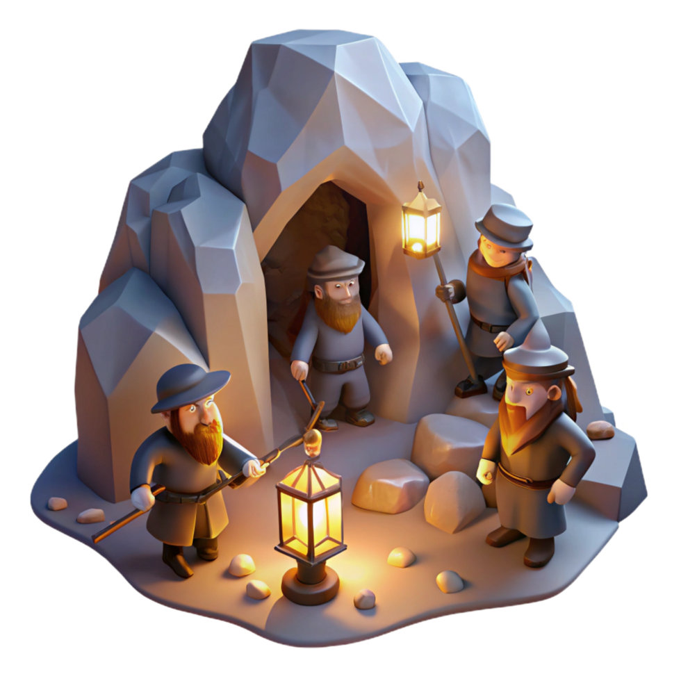 signature impressionist A group of dwarves mining for gems in a mountain cave, illuminated by the glow of their lanterns. Tolkien esque style crisp png