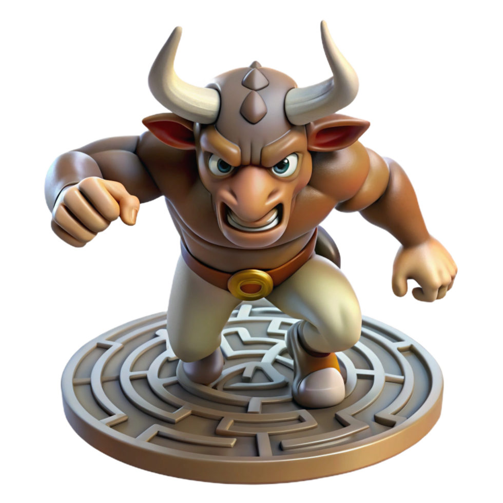 timeless minimalist A fierce minotaur charging through a labyrinth, dynamic action scene, Greek mythology style detailed png