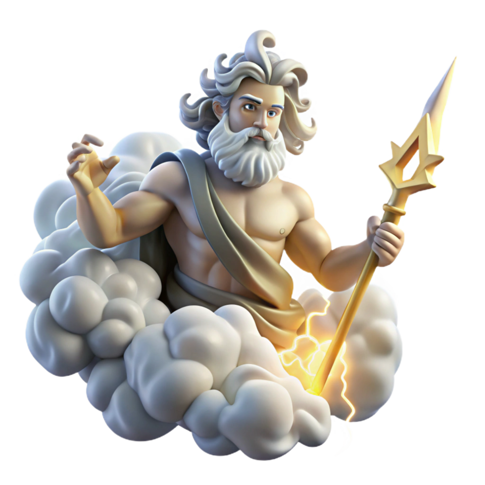 standout industrial A proud Greek Zeus, hurling a lightning bolt from Mount Olympus, surrounded by swirling clouds, in a dramatic Baroque painting style luxury png