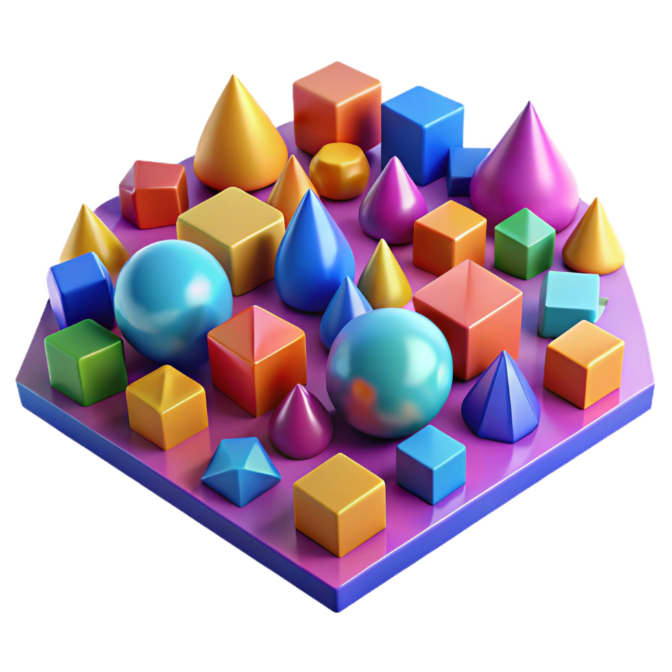 enchanting sought after A field of randomly generated, geometric shapes, in a vibrant, contrasting color palette, lit by a bright, pop art style light png