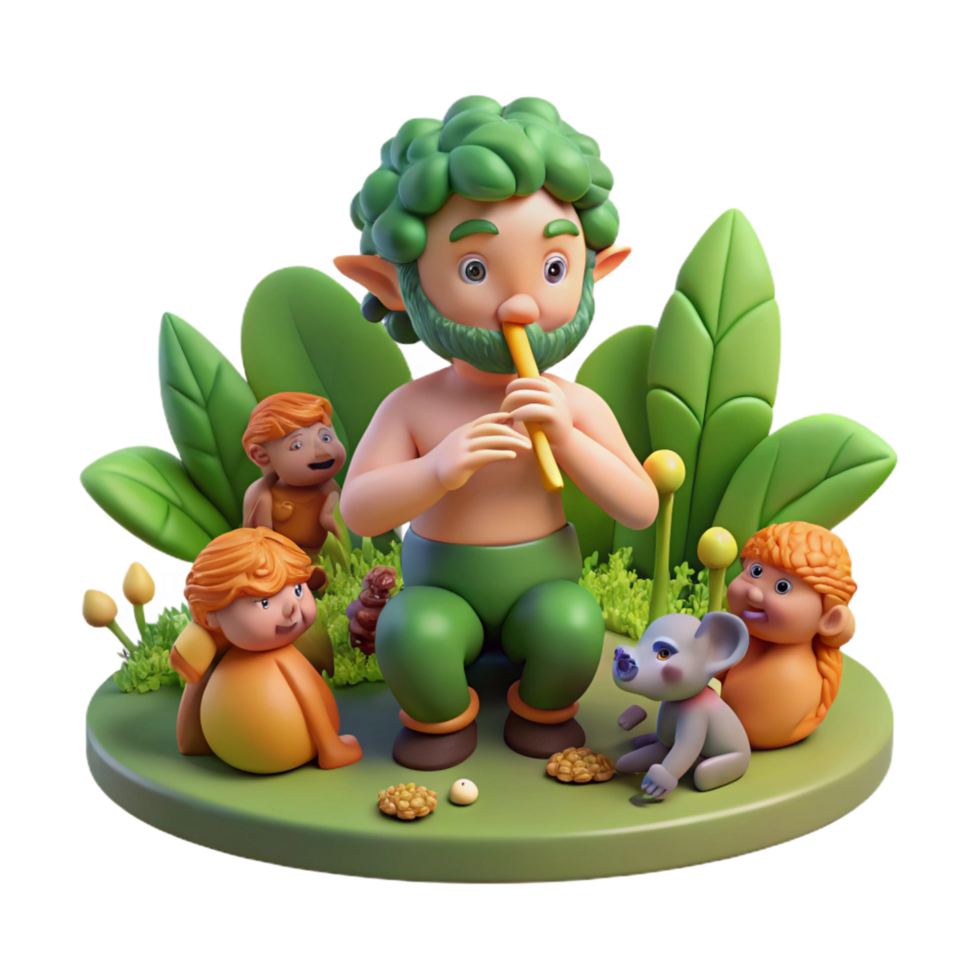 sought after art deco A mischievous Pan playing his pipes in a sun drenched forest glade, surrounded by nymphs and satyrs, vibrant and colorful, Impressionist style, crisp png