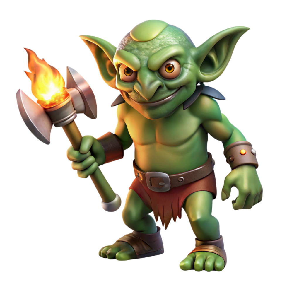 dreamy pristine A grotesque goblin with warty green skin wielding a rusty axe, dimly lit by a single torch, in a gritty dark fantasy style exclusive png