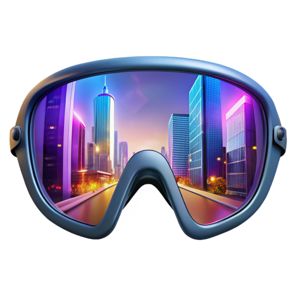 tranquil captivating A pair of augmented reality glasses displaying a vibrant heads up display, reflections of a bustling city street visible in the lenses, hyperrealistic style crisp png