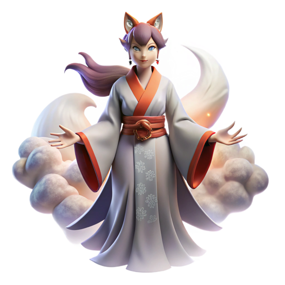 gorgeous timeless A kitsune transforming into a beautiful woman, misty moonlight, Japanese woodblock print style png