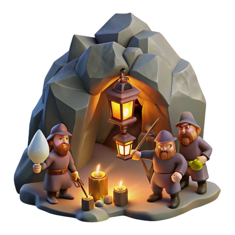 spectacular avant garde A group of dwarves mining for gems in a mountain cave, illuminated by the glow of their lanterns. Tolkien esque style sharp png
