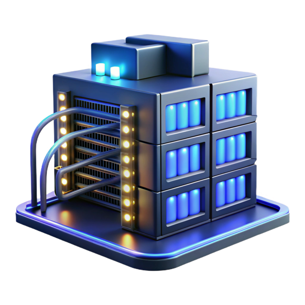 playful immaculate A server room filled with blinking lights and cables, humming with energy, bathed in cool blue light, in a technological, industrial style 4K png