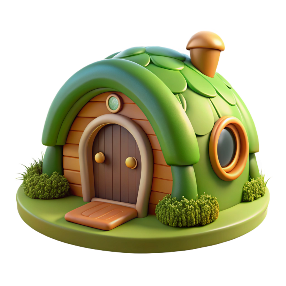 impressive reflective art deco A hobbit hole built into a hillside, round green door, moss covered roof, charming, whimsical, storybook illustration, precision png
