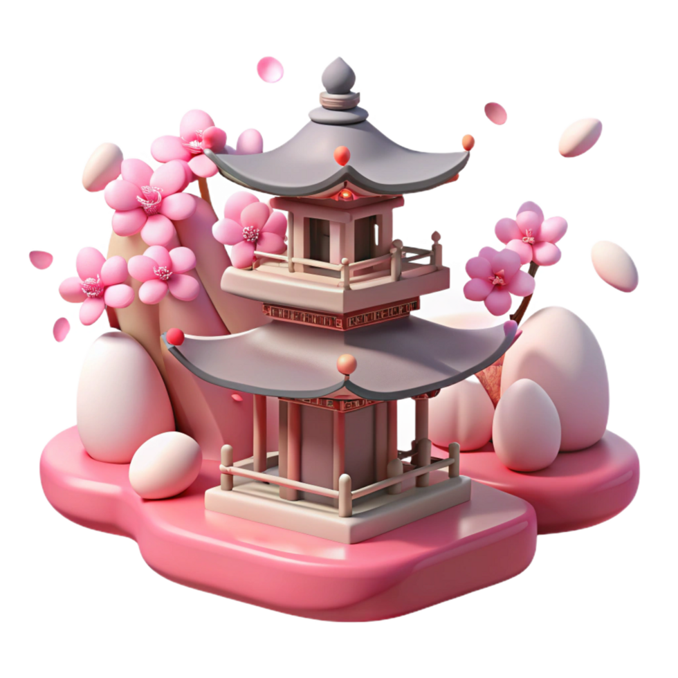 vibrant whimsical mid century A Japanese pagoda surrounded by cherry blossoms in full bloom, soft pink light, serene atmosphere, premium png