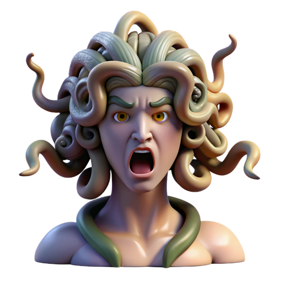 striking futuristic A terrifying Gorgon with snakes for hair, turning a warrior to stone, dramatic chiaroscuro lighting, Renaissance painting style sharp png
