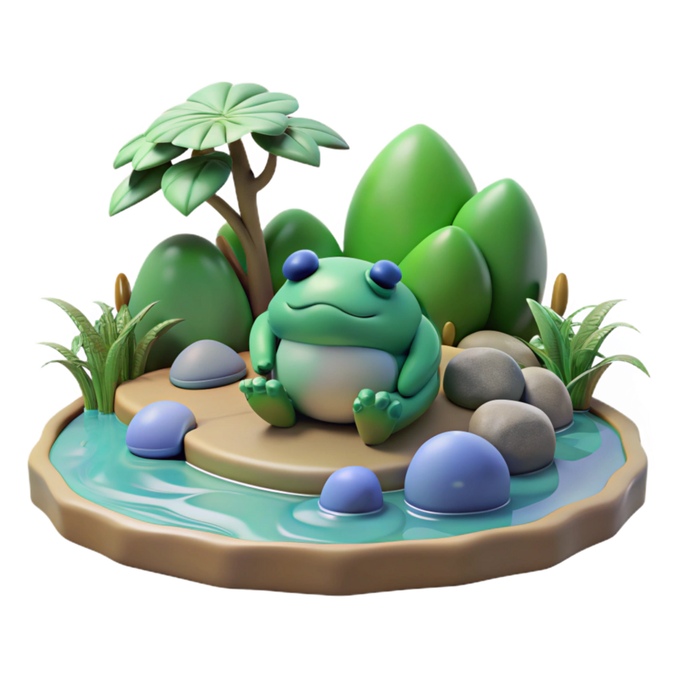 iconic rustic A serene kappa resting by a riverbank, lush vegetation, soft lighting, Japanese folklore style crisp png